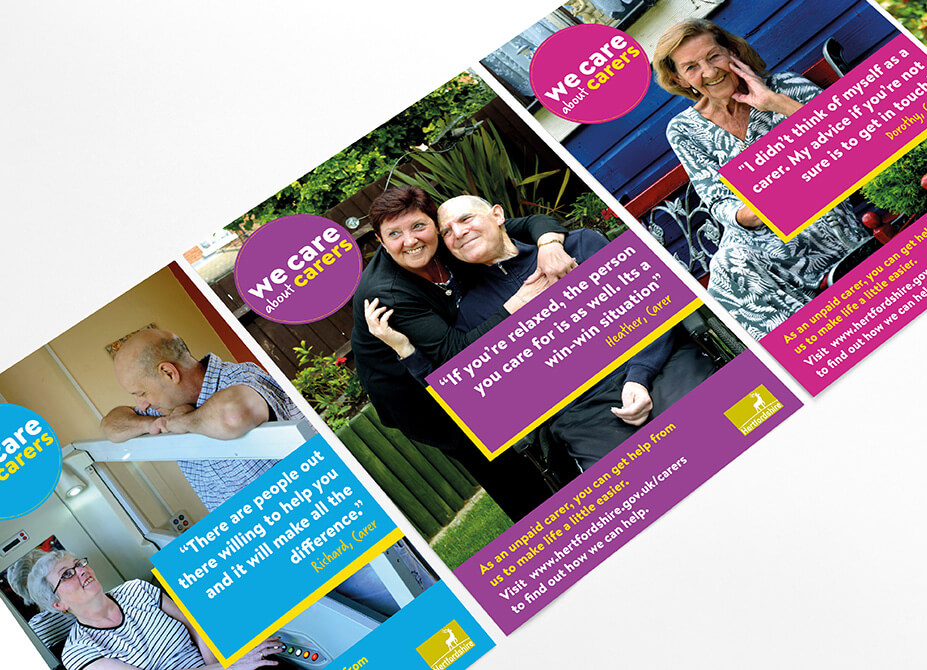 A row of posters showing carers and care users accompanied by a quote from the caregiver.