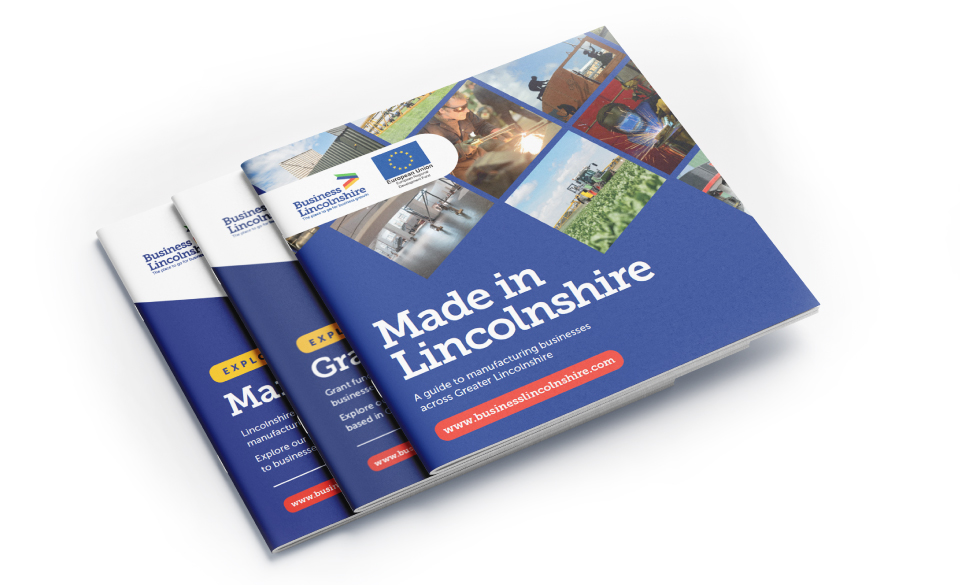 Three Business Lincolnshire informational brochures stacked on top of each other.