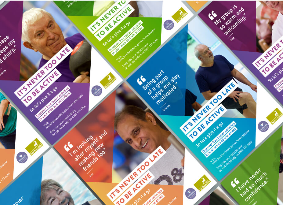 A montage of campaign posters featuring an elderly person being active and a motivational quote.