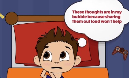 Still of the Just Talk Hertfordshire animation: a young boy with a thought bubble is lying in bed.