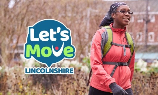 A lady walking outside with the Let's Move Lincolnshire logo beside them.