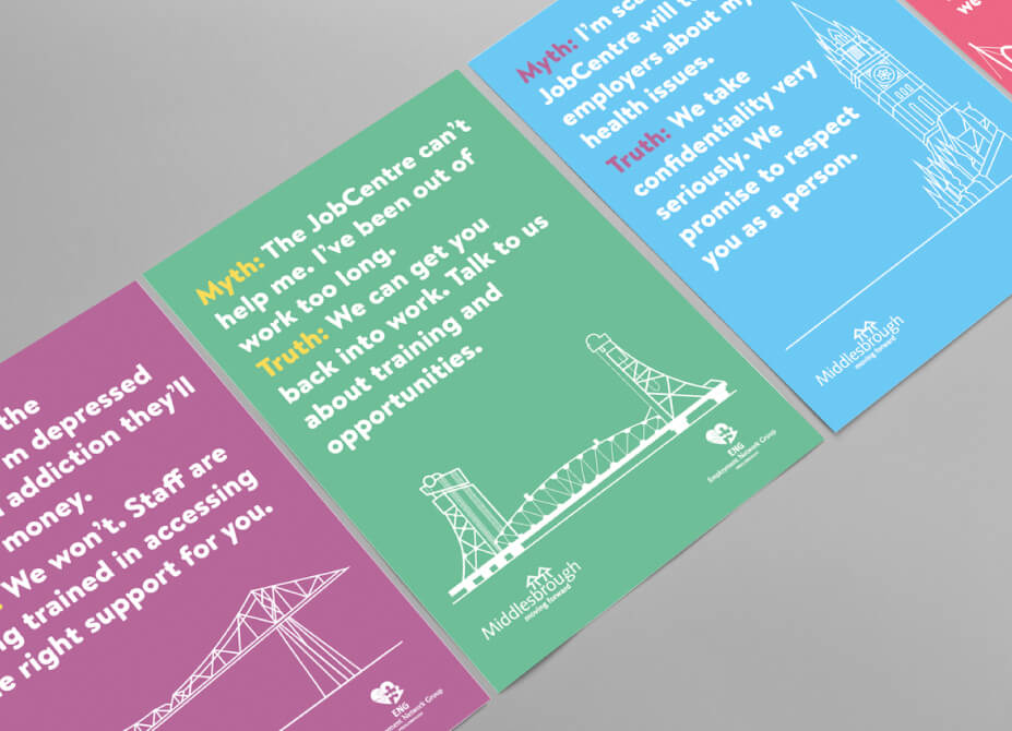 Campaign posters featuring myths and facts about jobcentres with images of Middlesbrough landmarks.