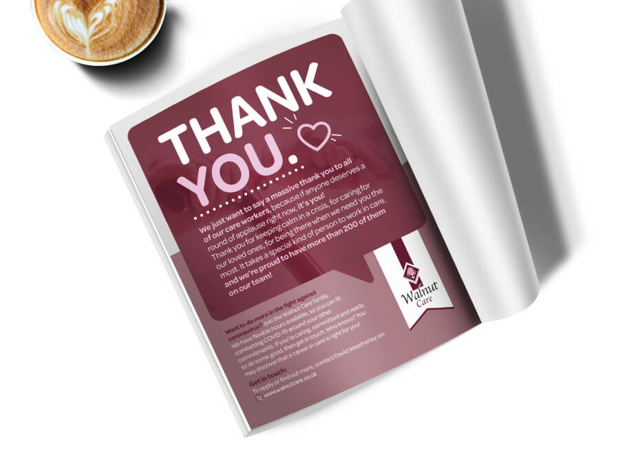 A magazine opened to show a Walnut Care advert thanking carers for all their work during the 2020 Coronavirus pandemic.