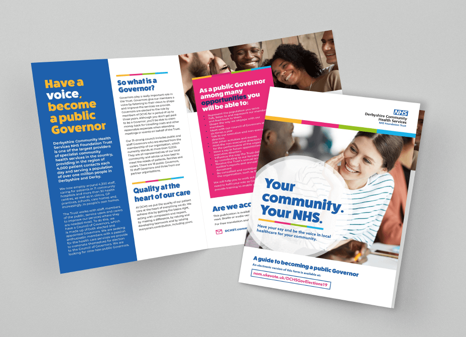 The colourful pages of the NHS guide to becoming a public governor are displayed.